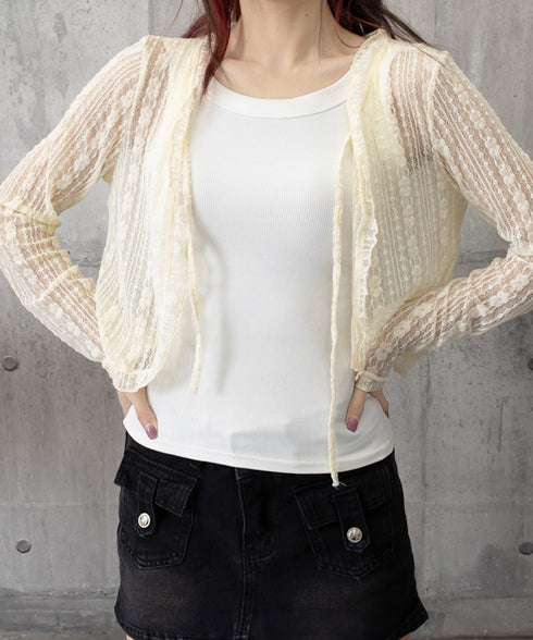 レースボレロカーディガン シアートップス レディース 花柄フリルカーディガン フェミニン 日焼け防止 冷房対策 フロントリボンサマーカーディガン ショート丈春夏服 84WANJIA-017